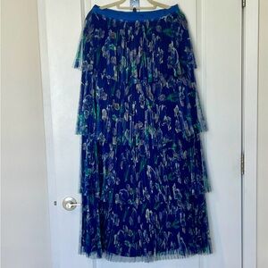 Marchesa Navy Tiered Floral Midi Skirt